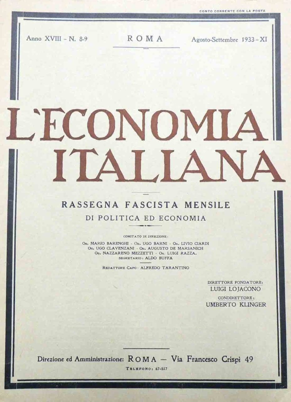 L’economia italiana. Rassegna fascista mensile di politica ed economia, a. …