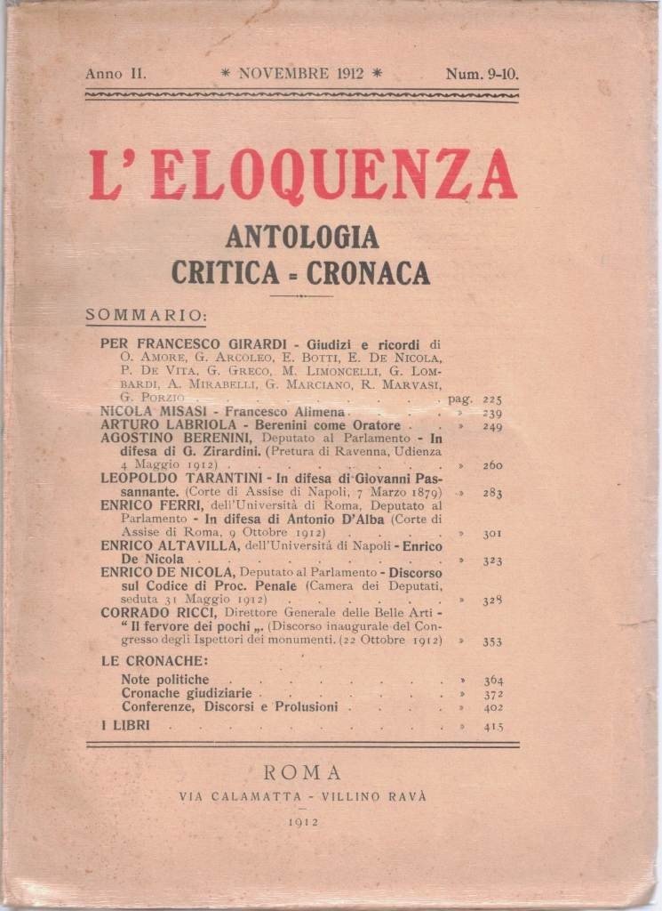 L’eloquenza. Antologia critica cronaca, a. II, n. 9-10, novembre 1912