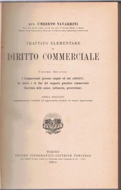 Navarrini, Trattato elementare di diritto commerciale, 2 voll.