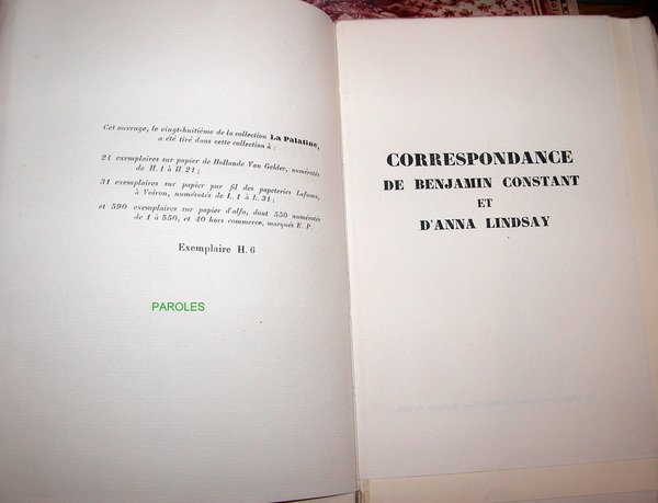 L'Inconnue d'Adolphe - Correspondance de Benjamin Constant et d'Anna Lindsay.