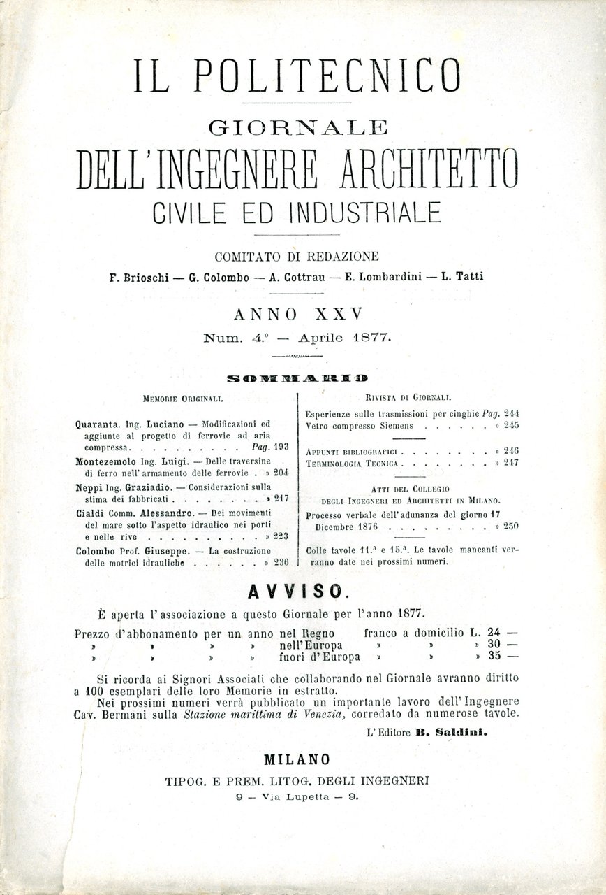 Il Politecnico 1877. Ferrovie ad aria compressa. Armamento delle ferrovie