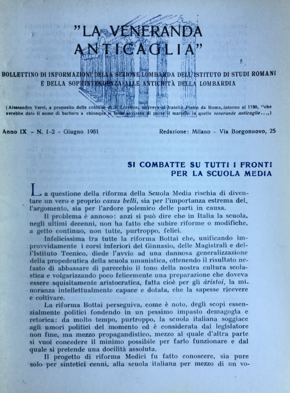 La veneranda anticaglia. 1961 n. 1-2 | Immagine principale