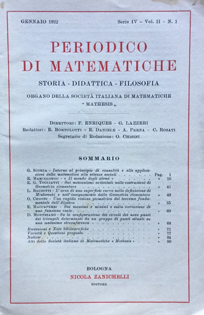 Periodico di matematiche. Storia - Didattica - Filosofia Gennaio 1922