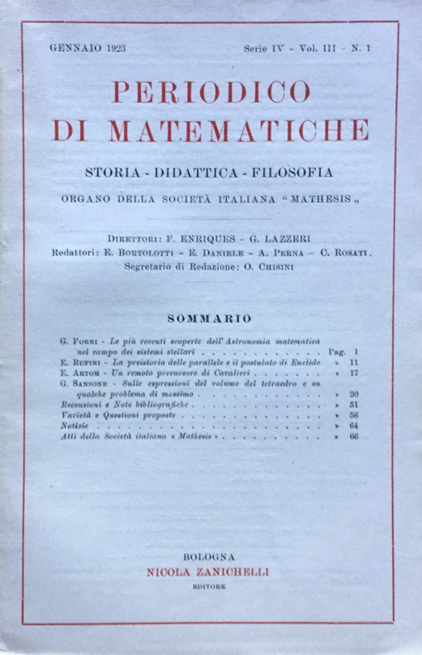 Periodico di matematiche. Storia - Didattica - Filosofia gennaio 1923