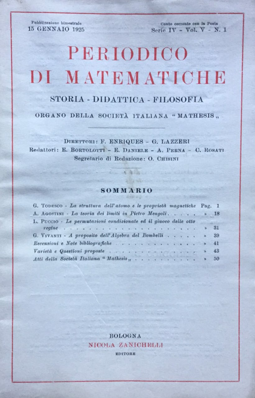 Periodico di matematiche. Storia - Didattica - Filosofia Gennaio 1925