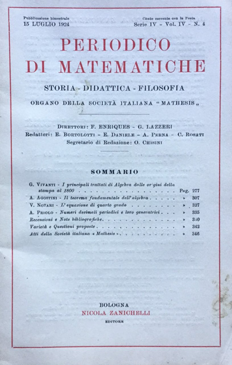 Periodico di matematiche. Storia - Didattica - Filosofia Luglio 1924