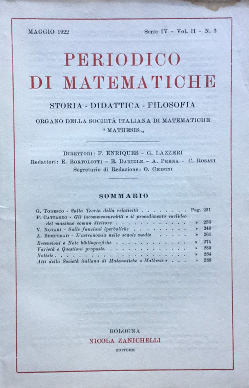 Periodico di matematiche. Storia - Didattica - Filosofia Maggio 1922