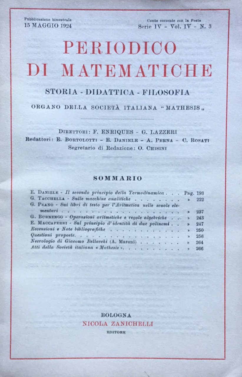 Periodico di matematiche. Storia - Didattica - Filosofia Maggio 1924