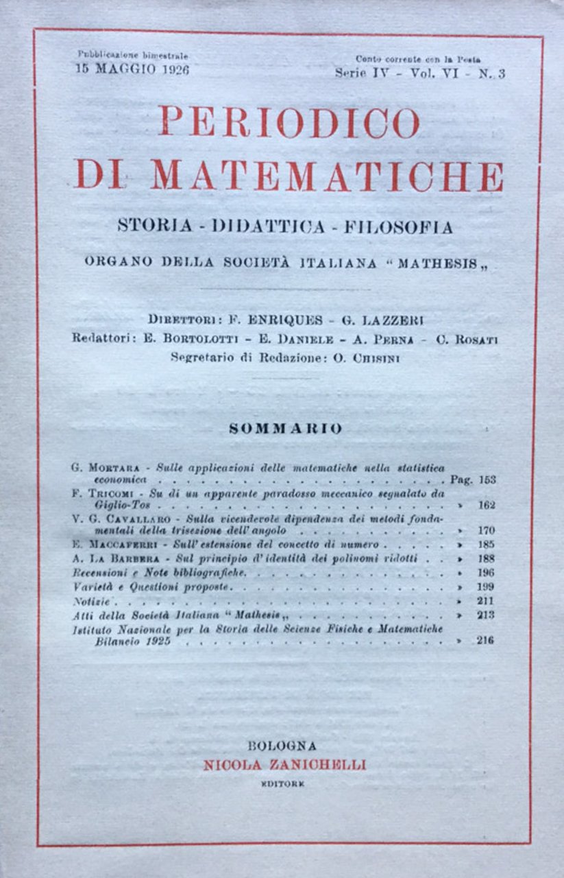 Periodico di matematiche. Storia - Didattica - Filosofia Maggio 1926