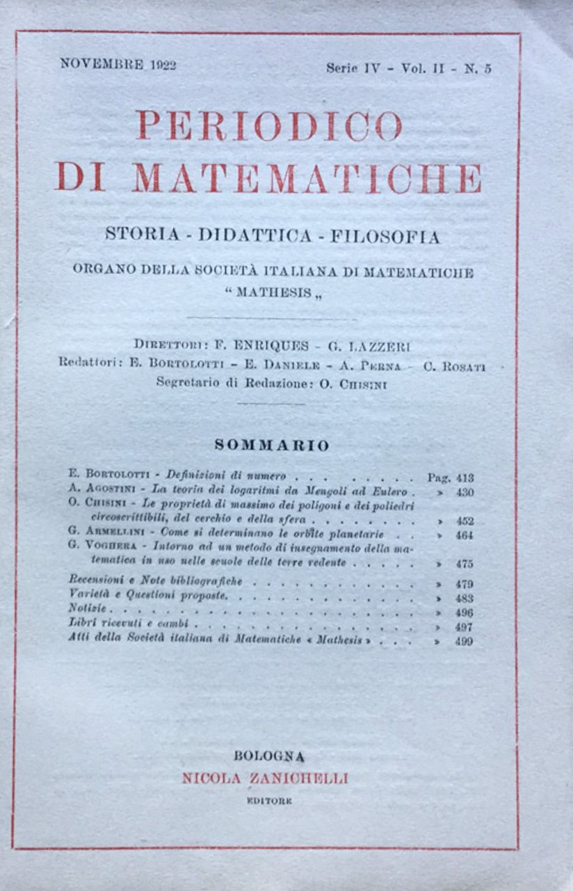 Periodico di matematiche. Storia - Didattica - Filosofia Novembre 1922