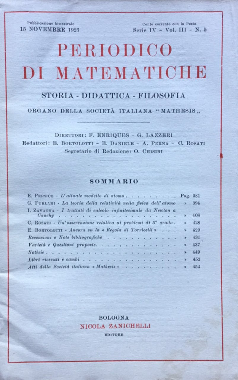 Periodico di matematiche. Storia - Didattica - Filosofia novembre 1923