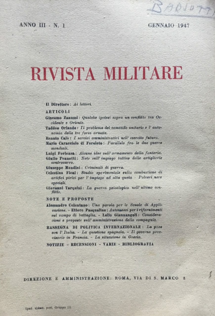 Rivista Militare Anno III n. 1 gennaio 1947