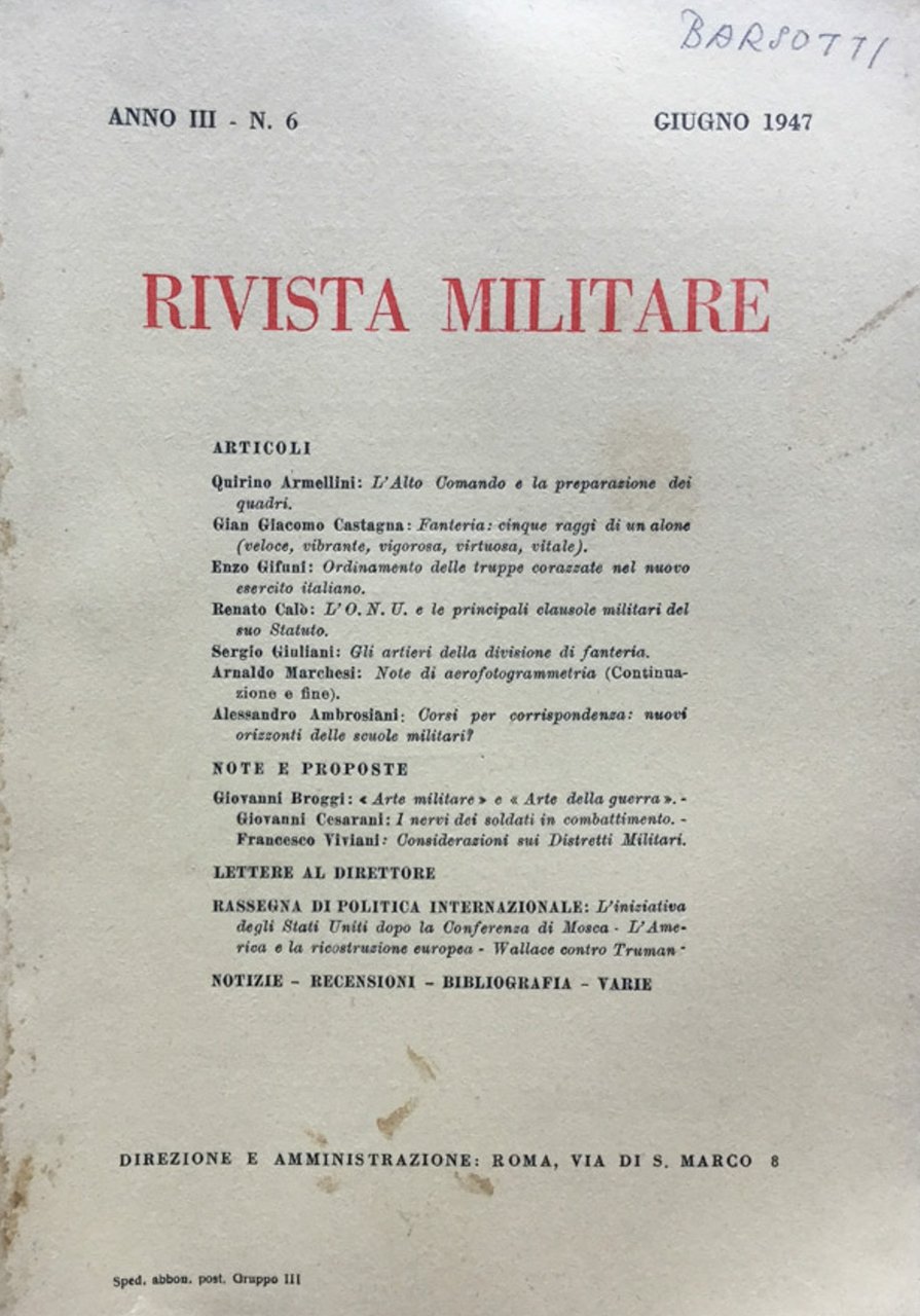 Rivista Militare Anno III n. 6 Giugno 1947