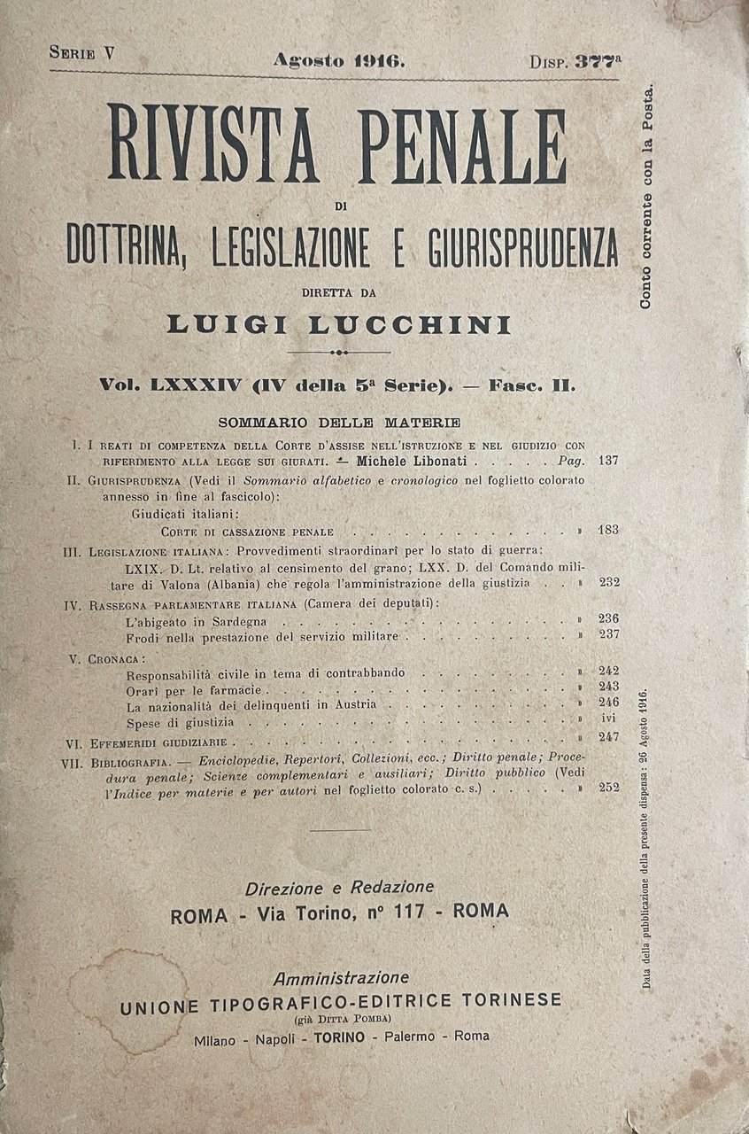 Rivista penale agosto 1916 | Immagine principale