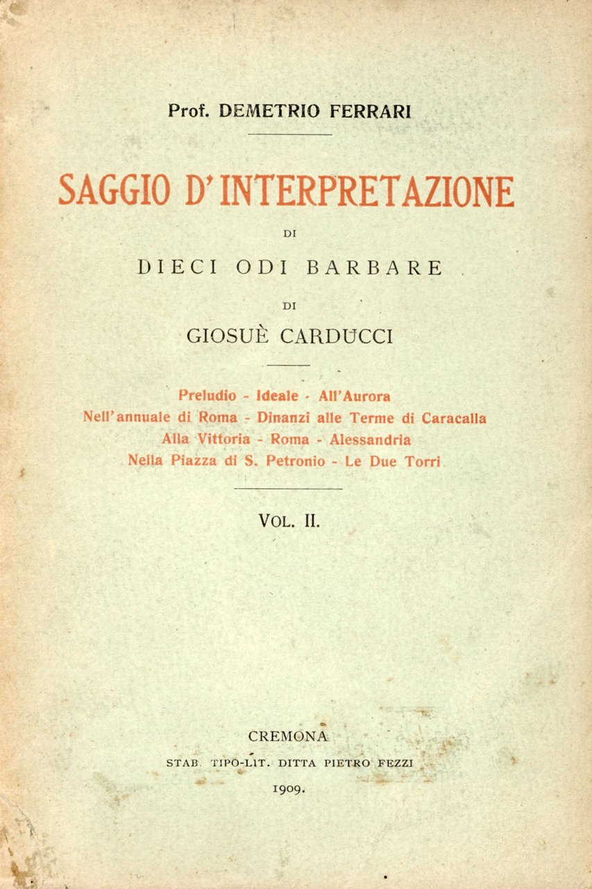 Saggio d'interpretazione di dieci Odi barbare di Carducci
