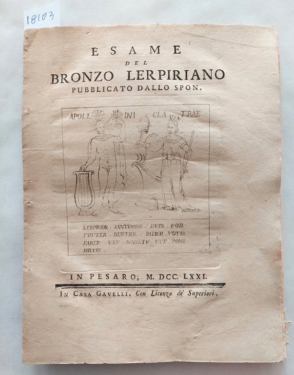 Annibale degli Abbati Olivieri Giordani Esame del bronzo lerpiriano pubblicato …