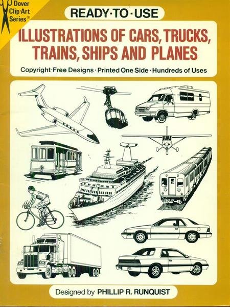 Illustrations of cards, trucks, trains, ships and planes