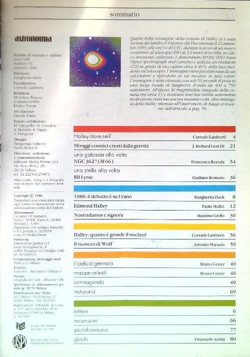 Astronomia. Riviste dal N. 51/Gennaio 1986 al N. 61/Dicembre 1986 