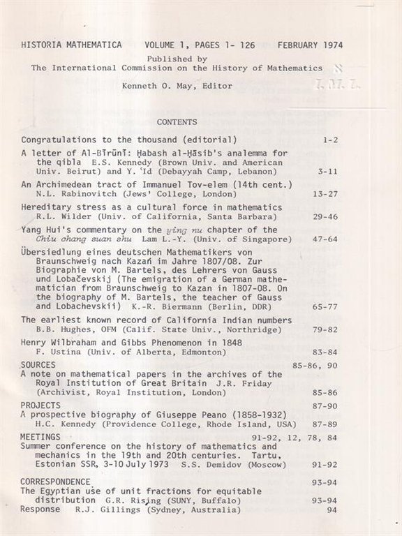Historia mathematica vol. 1