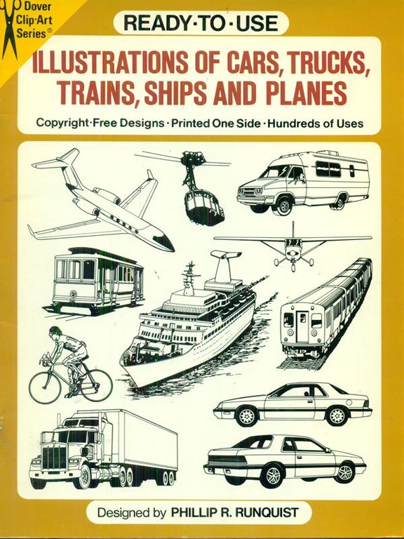 Illustrations of cards, trucks, trains, ships and planes