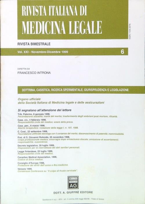 Rivista italiana di Medicina Legale Vol. XXI-6/Novembre Dicembre 1999