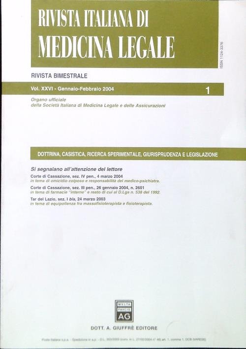 Rivista italiana di Medicina Legale Vol. XXVI-1/Gennaio Febbraio 2004
