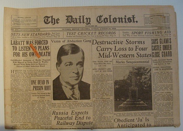 The Daily Colonist, Sunday August 19, 1934, Victoria, British Columbia …