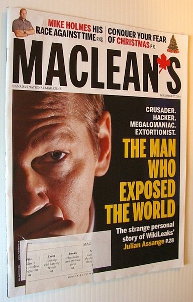 Maclean's Magazine, 27 December 2010 - Wikileaks/Julian Assange Cover