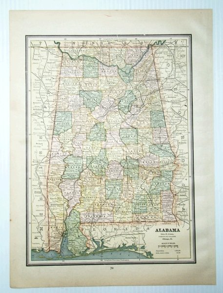 1889 Color Map of the State of Alabama