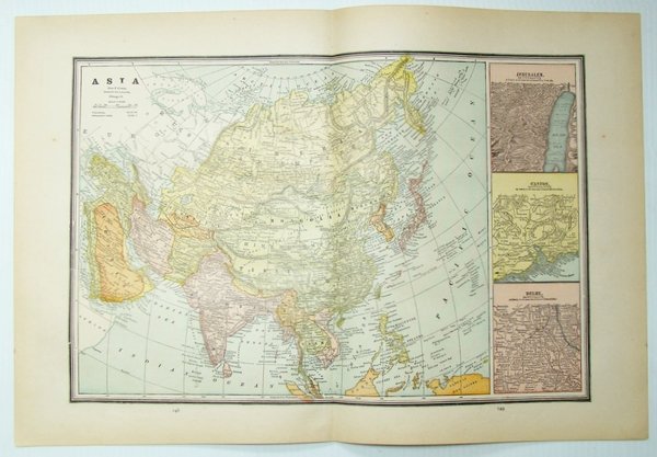 1889 Color Map of Asia, Including Expanded Views of Jerusalem, Canton and Delhi