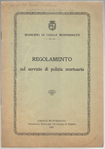 Municipio di Casale Monferrato. REGOLAMENTO sul servizio di polizia mortuaria.