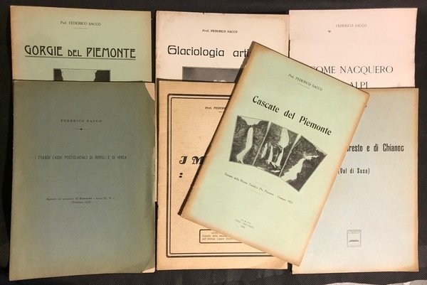 LOTTO di 7 estratti di Federico Sacco: GORGIE DEL PIEMONTE (1925) CASCATE DEL PIEMONTE (1925), GLI ORRIDI DI FORESTO E DI CHIANOC (1926), GLACIOLOGIA ARTISTICA (1927), I GRANDI LAGHI POSTGLACIALI DI RIVOLI E DI IVREA (1928), I MASSI ERRATICI (1929), COME NACQUERO LE ALPI (1930).