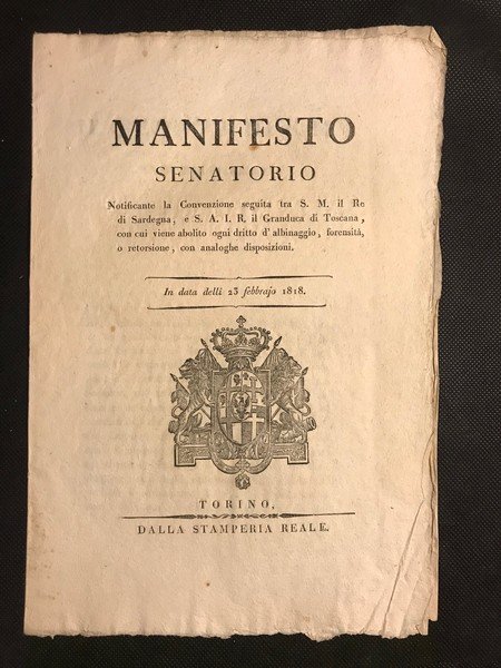 [albinaggio] MANIFESTO SENATORIO Notificante la Convenzione seguita tra S.M. Sarda, …