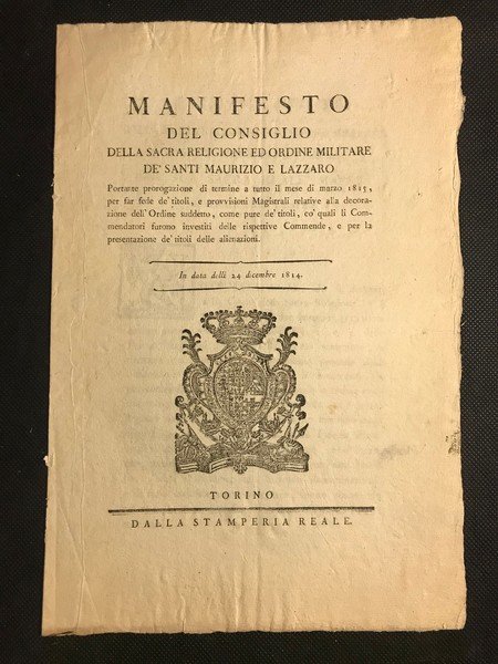 [onorificenze, ordini cavallereschi] MANIFESTO DEL CONSIGLIO DELLA SACRA RELIGIONE ED …