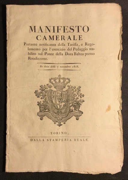 [Rondissone, Dora Baltea, Dazi] MANIFESTO CAMERALE Portante notificanza della Tariffa, …