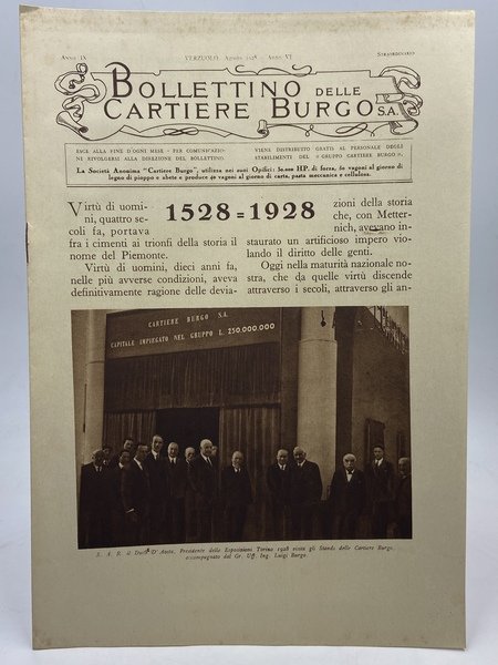 Bollettino delle Cartiere Burgo S.A. Anno IX Verzuolo, Agosto 1928. …