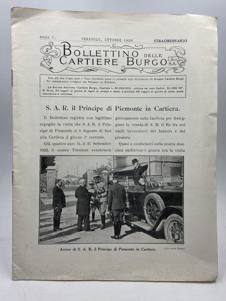 Bollettino delle Cartiere Burgo S.A. Anno 7. Verzuolo, Ottobre 1926. …