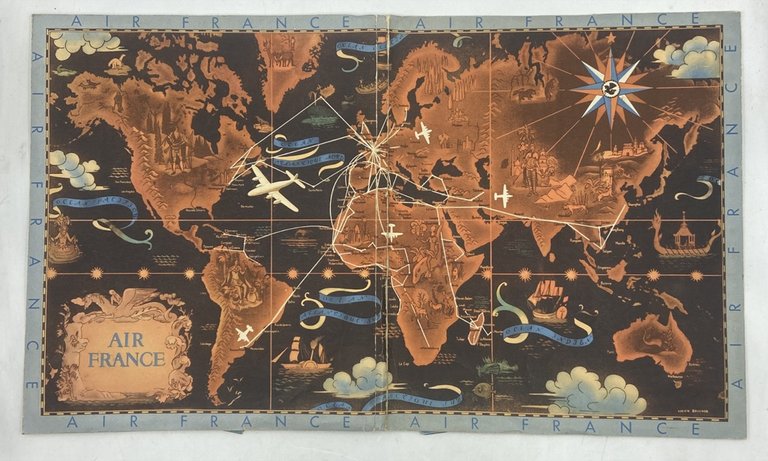 Cartella disegnata da Lucien Boucher con materiali promozionali per i voli intercontinentali Air France risalenti agli anni 1947-1948. AIR FRANCE EPHEMERA circa 1947-1948 in a folder decorated with Lucien Boucher planisphere design.