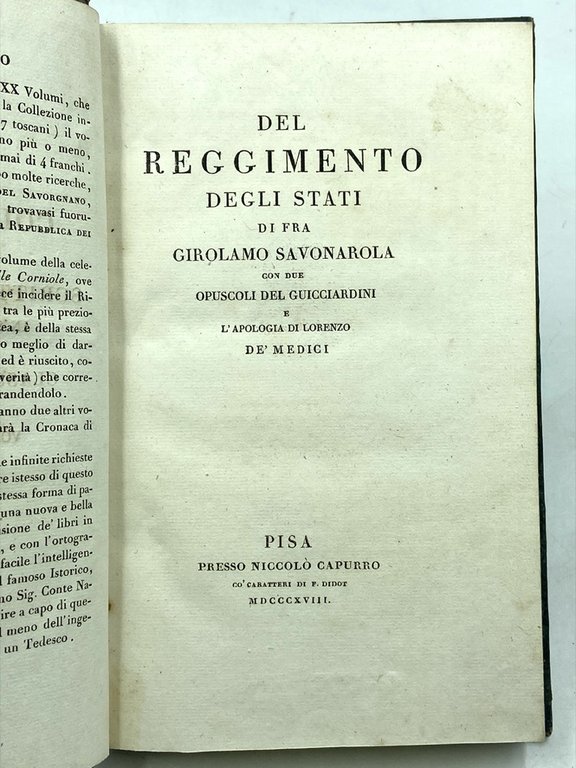 DEL REGGIMENTO DEGLI STATI DI FRA GIROLAMO SAVONAROLA CON DUE …