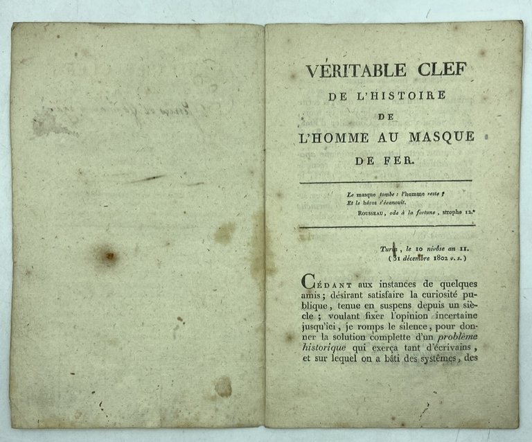 HISTOIRE DE L’HOMME AU MASQUE DE FER, ACCOMPAGNÉE DE PIÈCES …