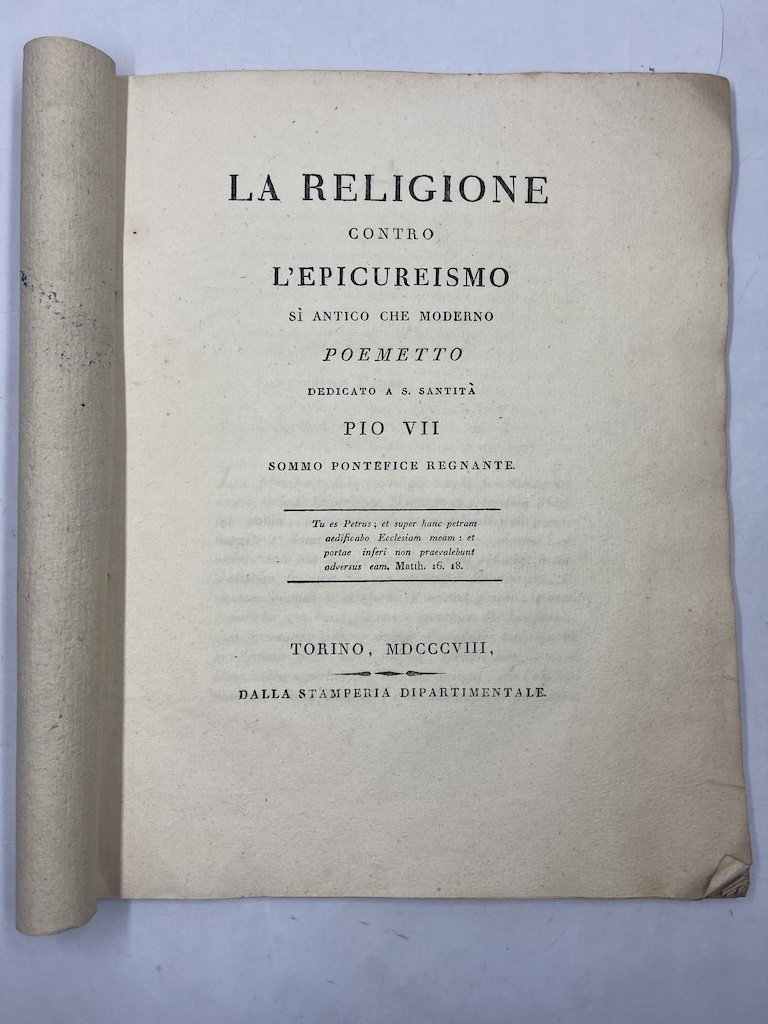 LA RELIGIONE CONTRO L’EPICUREISMO SÌ ANTICO CHE MODERNO. POEMETTO DEDICATO …