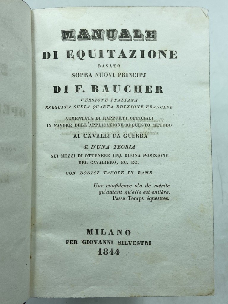 MANUALE DI EQUITAZIONE BASATO SOPRA NUOVI PRINCIPI DI F. BAUCHER. … | Immagine principale