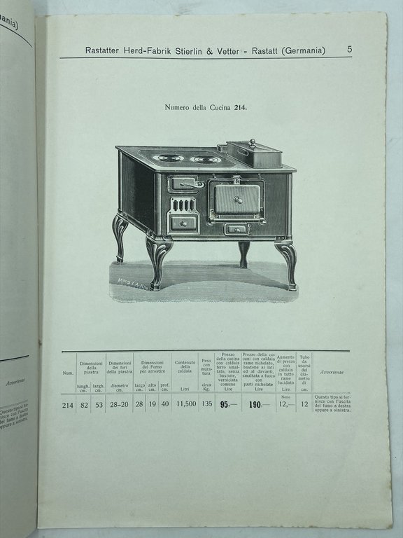 Rastatter Hofherdfabrik STIERLIN & VETTER. Rastatt (Germania). (Catalogo cucine economiche)