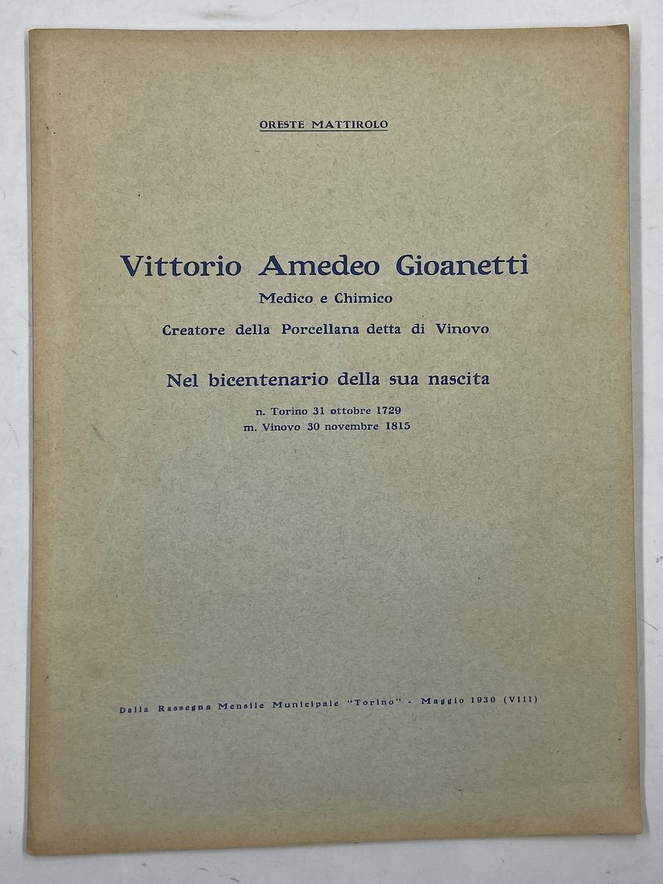 Vittorio Amedeo Gioanetti Medico e Chimico Creatore della Porcellana detta …