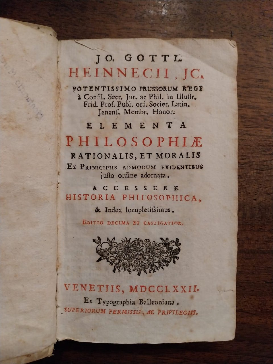 Jo. Gottlieb. Heineccii Elementa Philosophiae Rationalis, Et Moralis ex Principiis … | Immagine principale