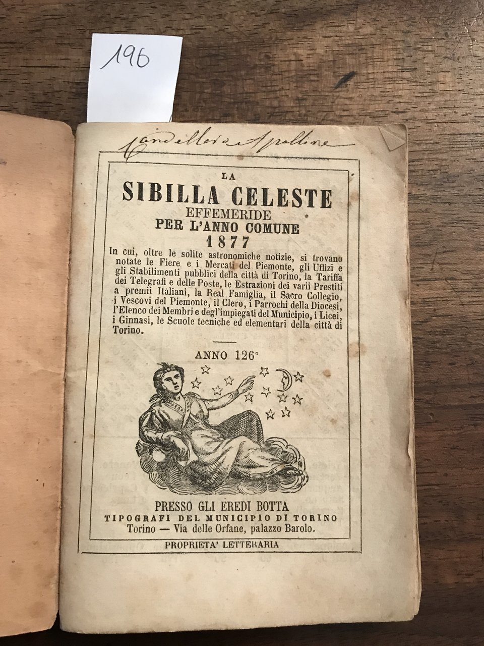 La Sibilla Celeste effemeride per l'anno comune 1877 Anno 126° | Immagine principale