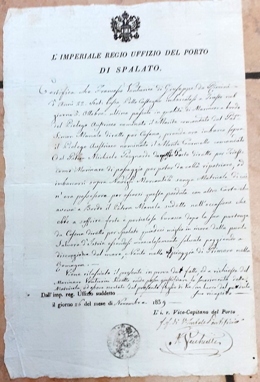 L'IMPERIALE REGIO UFFIZIO DEL PORTO DI SPALATO; CERTIFICA CHE FRANCESCO …