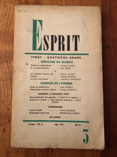 Revue Esprit Mars 1956 Négocier en Algérie, Sciences de l'Homme