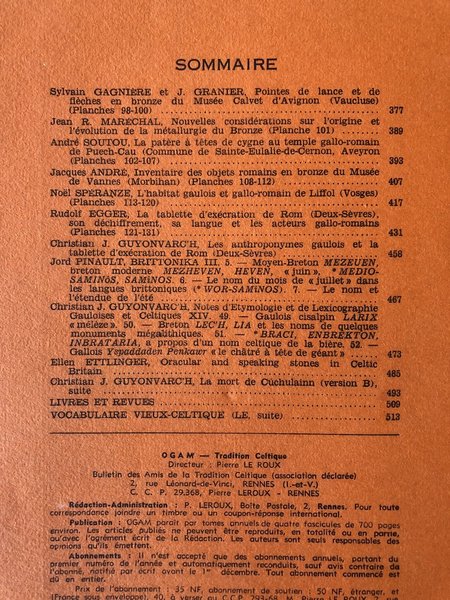 OGAM Tradition Celtique Tome XIV Facs 4-5, N°83-83, Septembre 1962