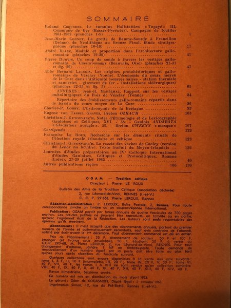 OGAM Tradition Celtique Tome XV Fasc 1, N°85, Mars 1963